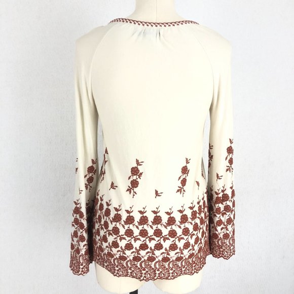 Fever Women's Size XS Boho Cream Burnt Orange Embroidered Tassel Tie Top Blouse - Picture 3 of 10